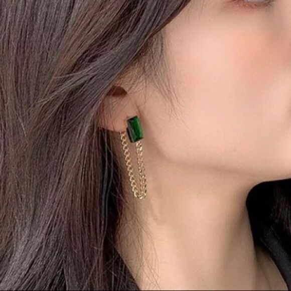 The Champion Square Emerald Crystal Gold Chain Dangle drop Earrings - Picture 10 of 11